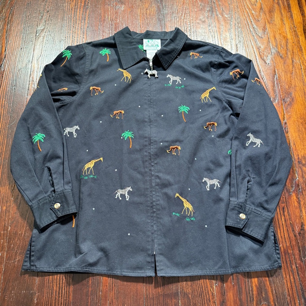 Vintage Quacker Factory Jacket Womens L Black Embroidered Animals Safari Zip